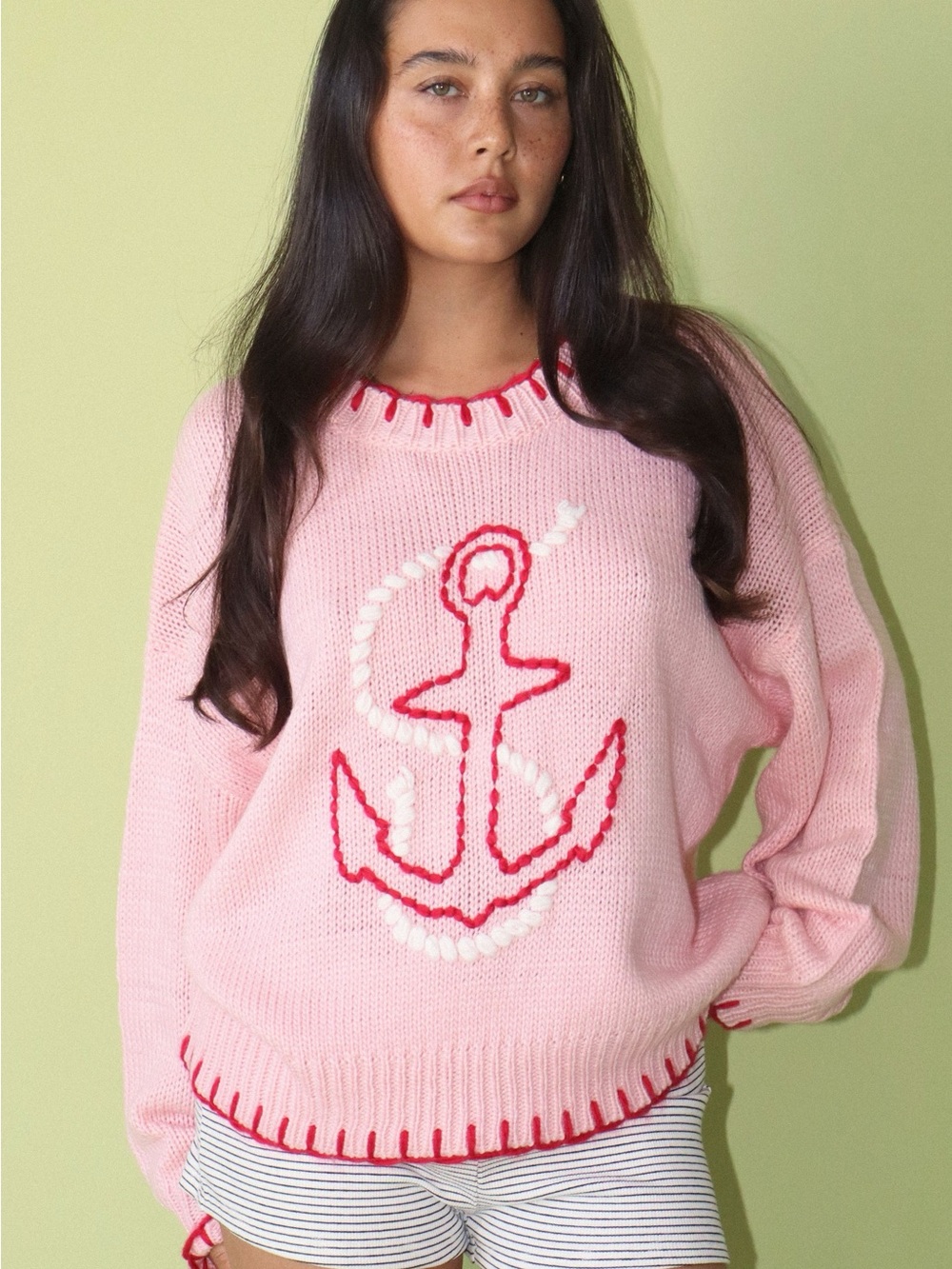 ⚓️ Bailey Rose Pink Nautical Anchor Stitching Sweater S